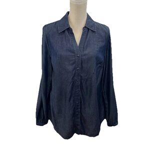 Charter Club Snap Close Chambray Shirt Women’s 12 Roll-Tab Sleeve Blue Preppy